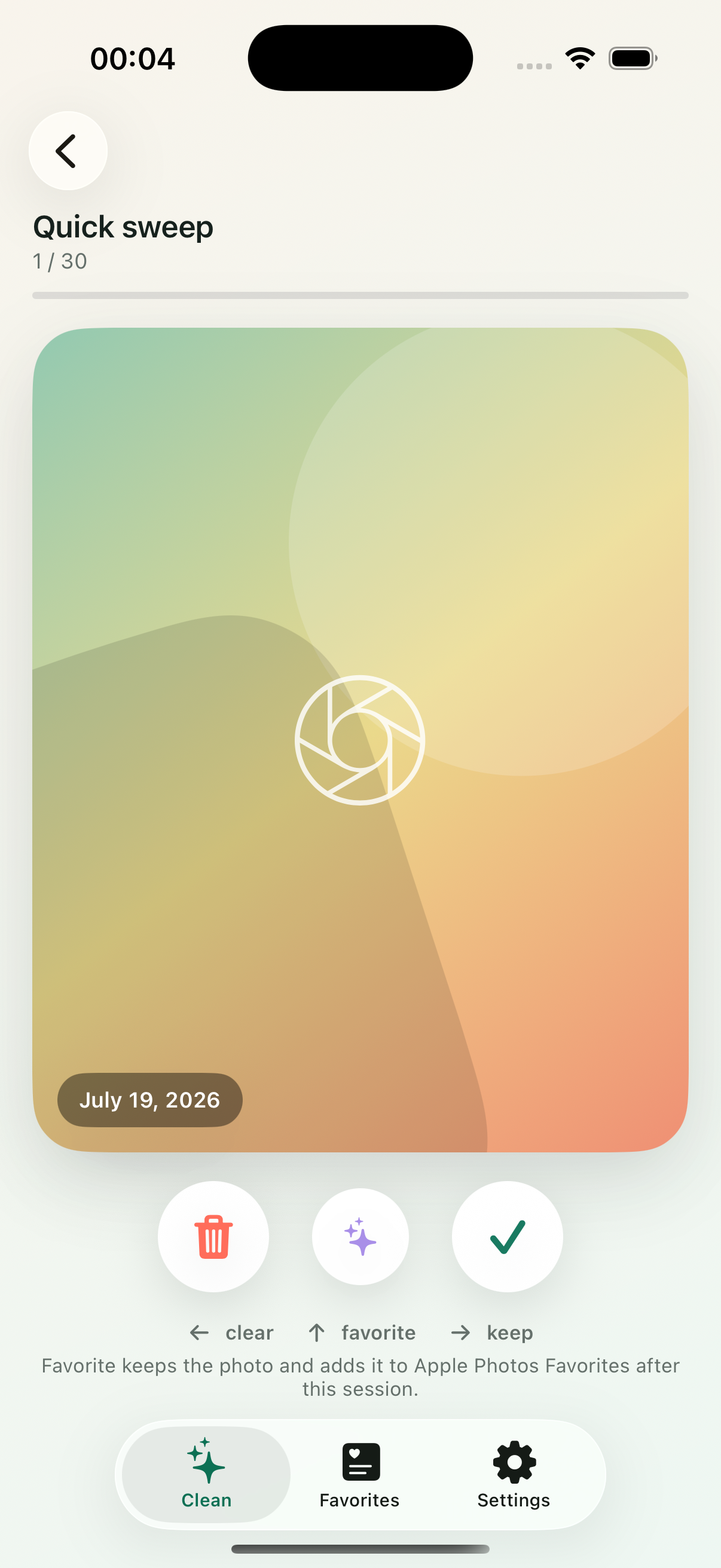 TidyMuse Quick Sweep with clear, favorite, and keep actions